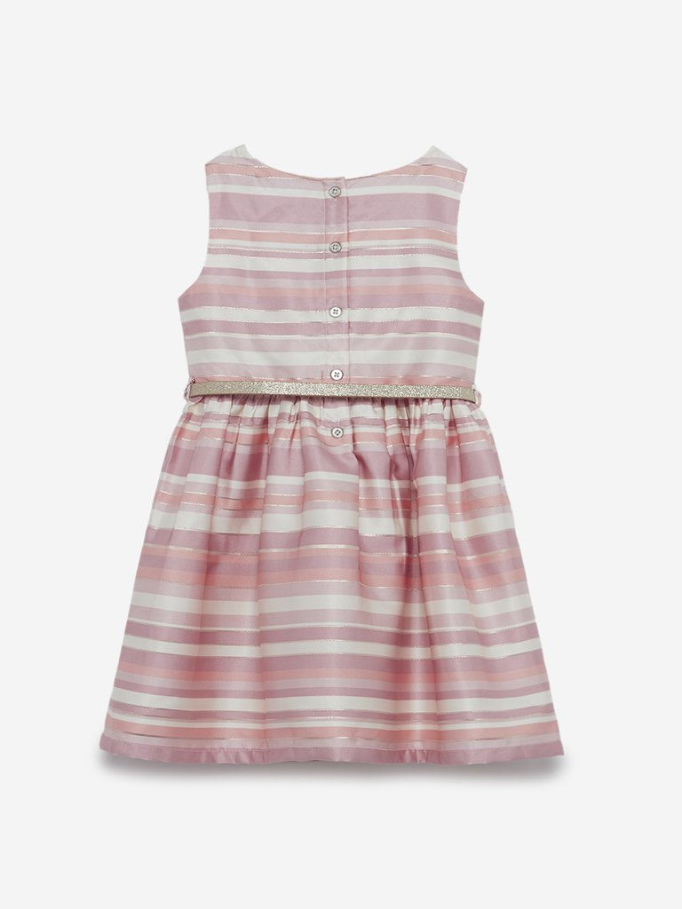 HOP Kids Pink Striped Dress With Belt