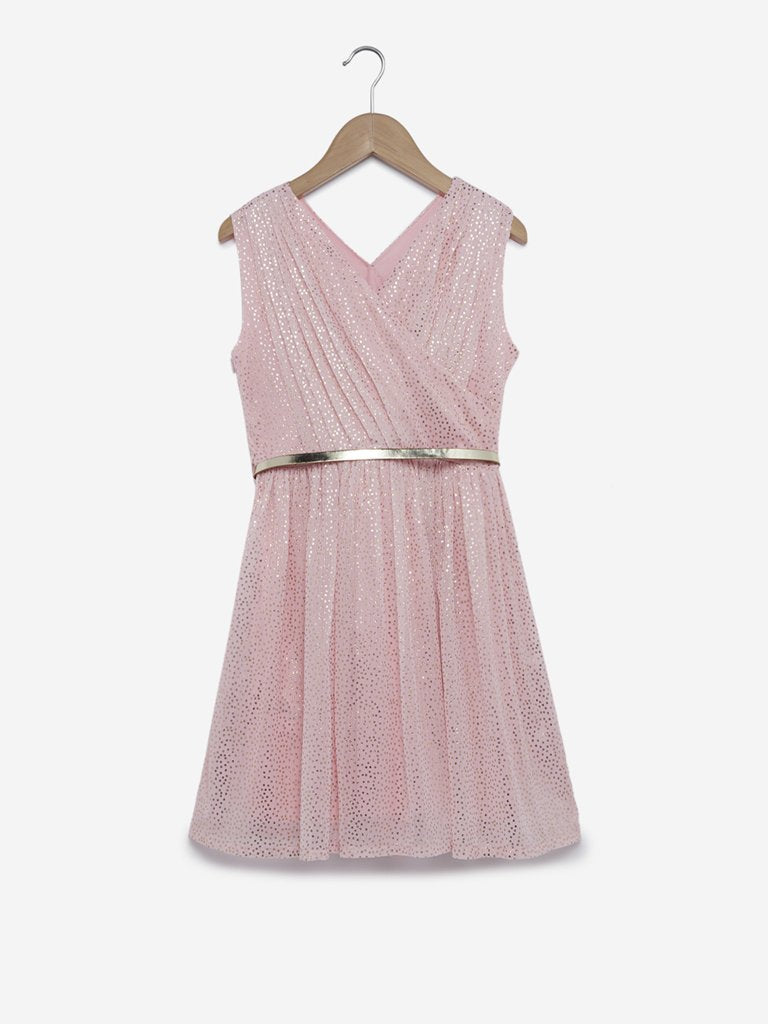 Y&F Kids Pink Circular Print Dress with Belt