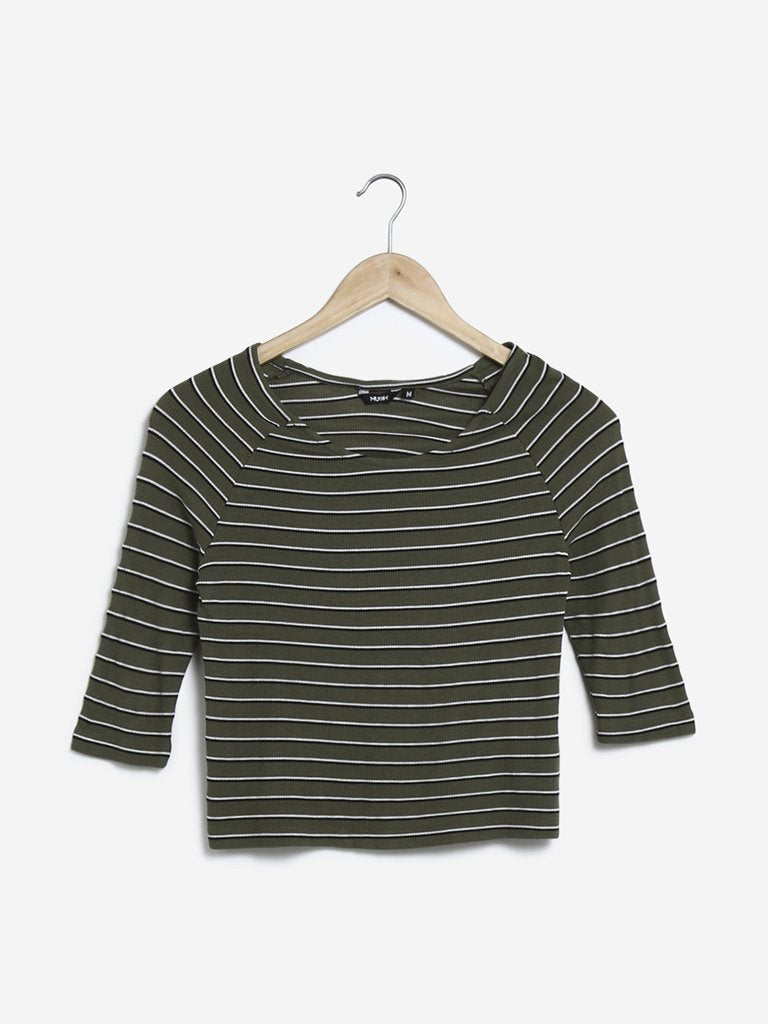 Nuon Khaki Striped Nadal Crop-Top