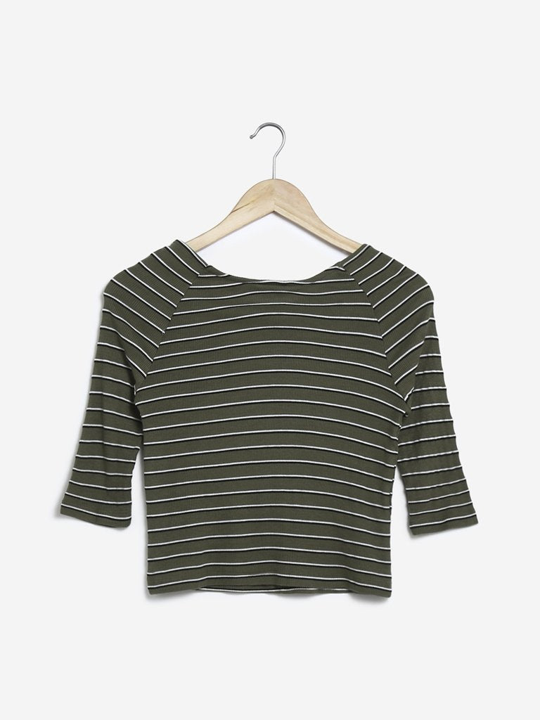 Nuon Khaki Striped Nadal Crop-Top