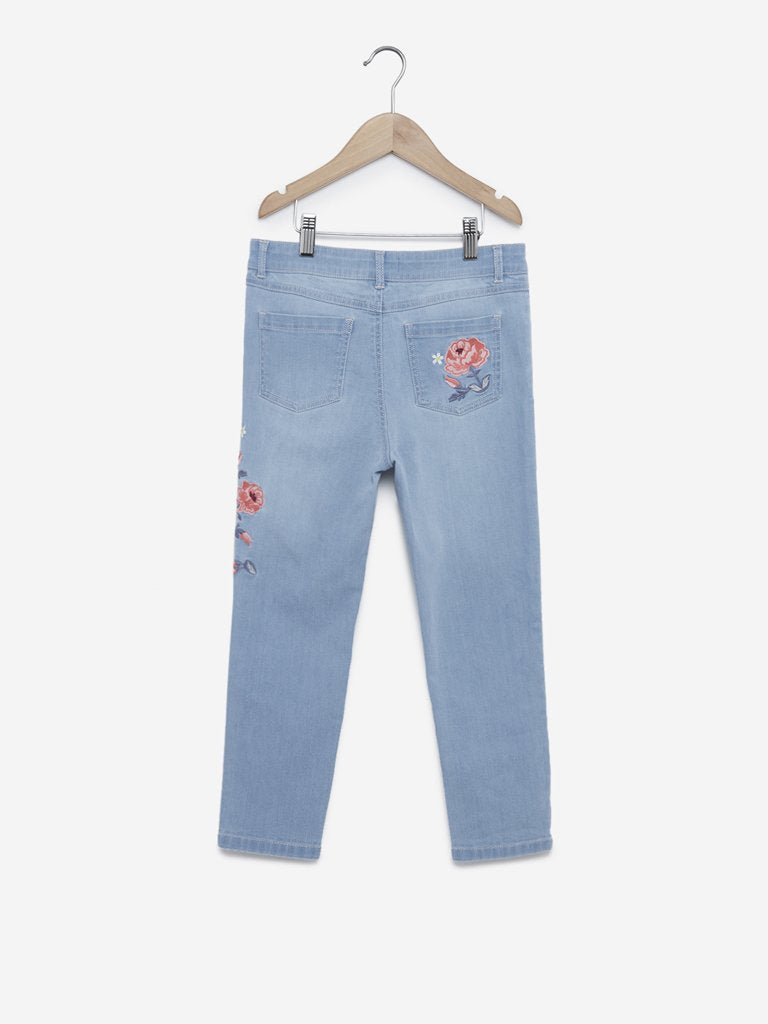 Y&F Kids Light-Blue Floral Embroidered Jeans