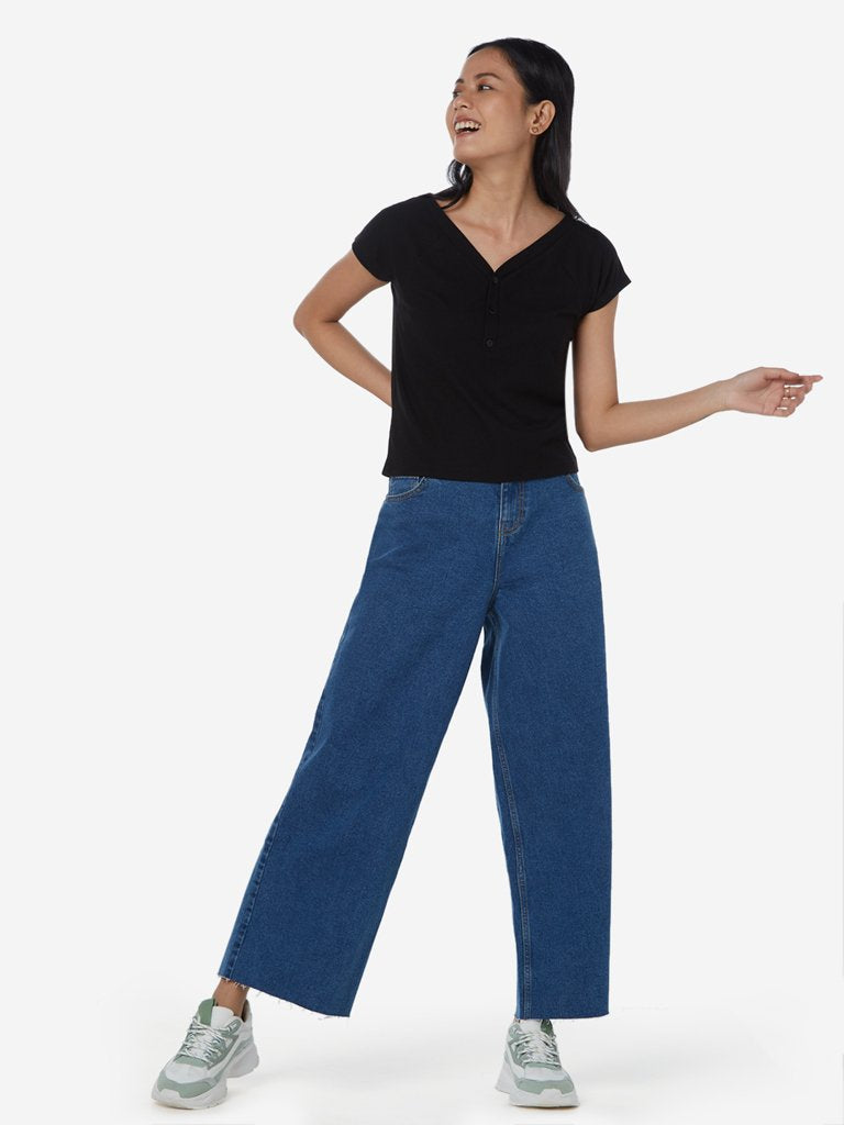 Nuon Black V-Neck Rayna Ribbed T-Shirt