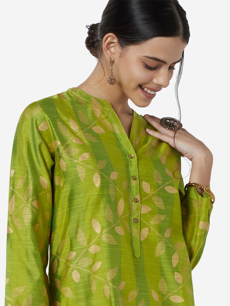 Utsa Lime Leaf Printed A-line Kurta