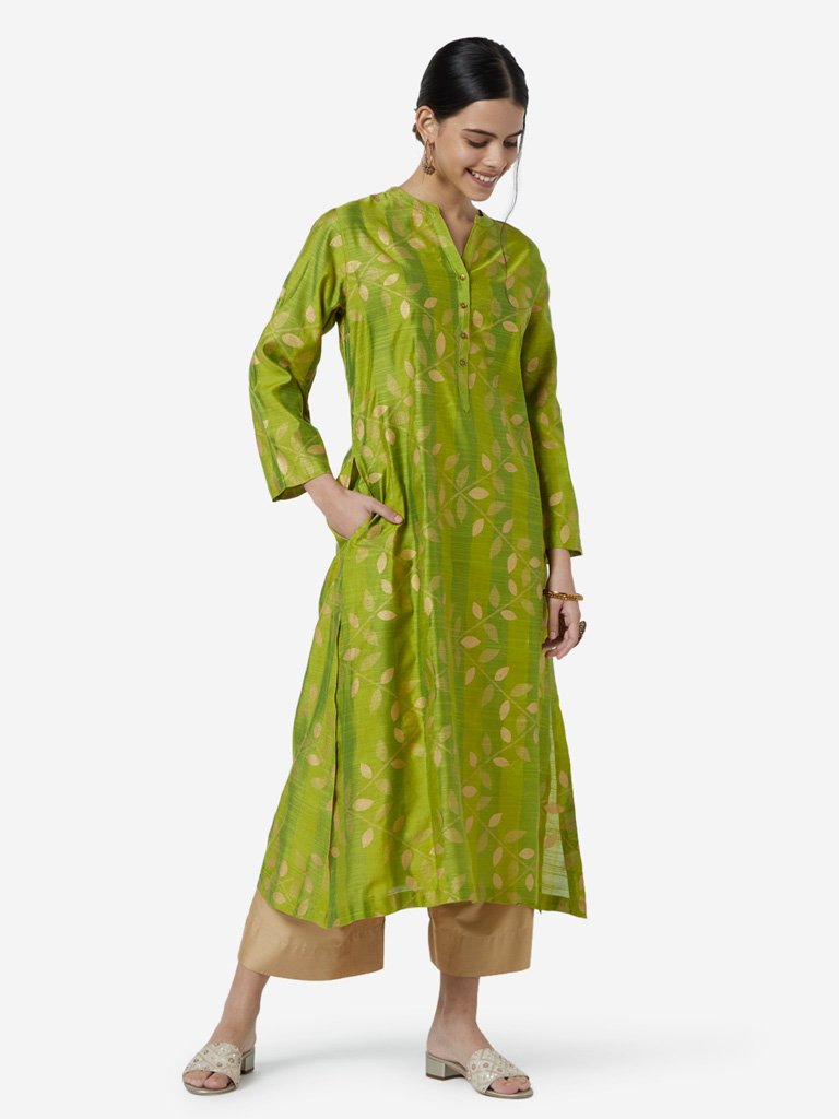 Utsa Lime Leaf Printed A-line Kurta