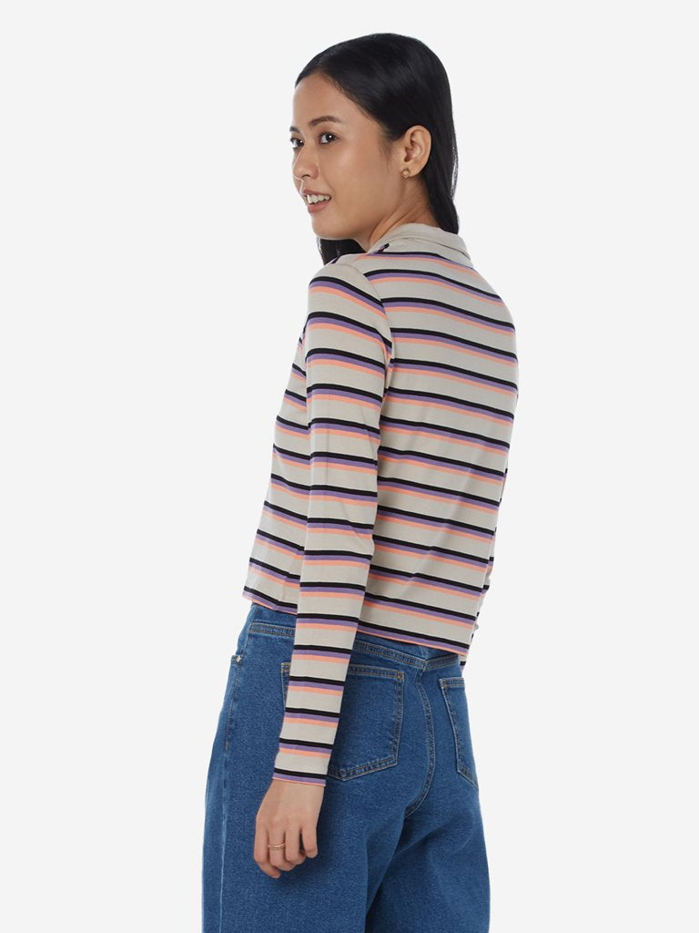 Nuon Beige Striped Palmer Cropped T-Shirt