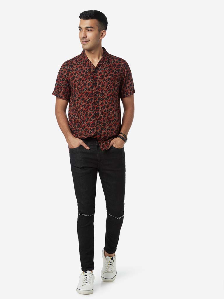 Nuon Red Leopard Resort Fit Print Shirt
