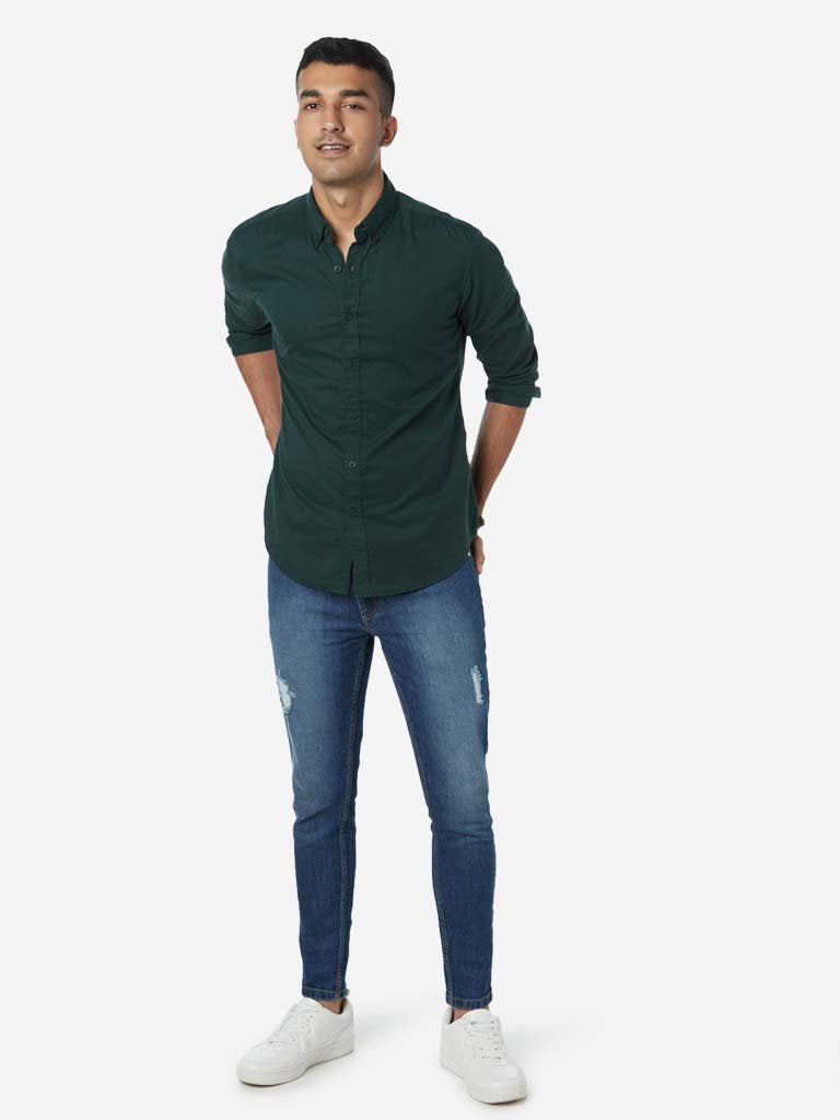 Nuon Dark Green Pure Cotton Slim Fit Shirt
