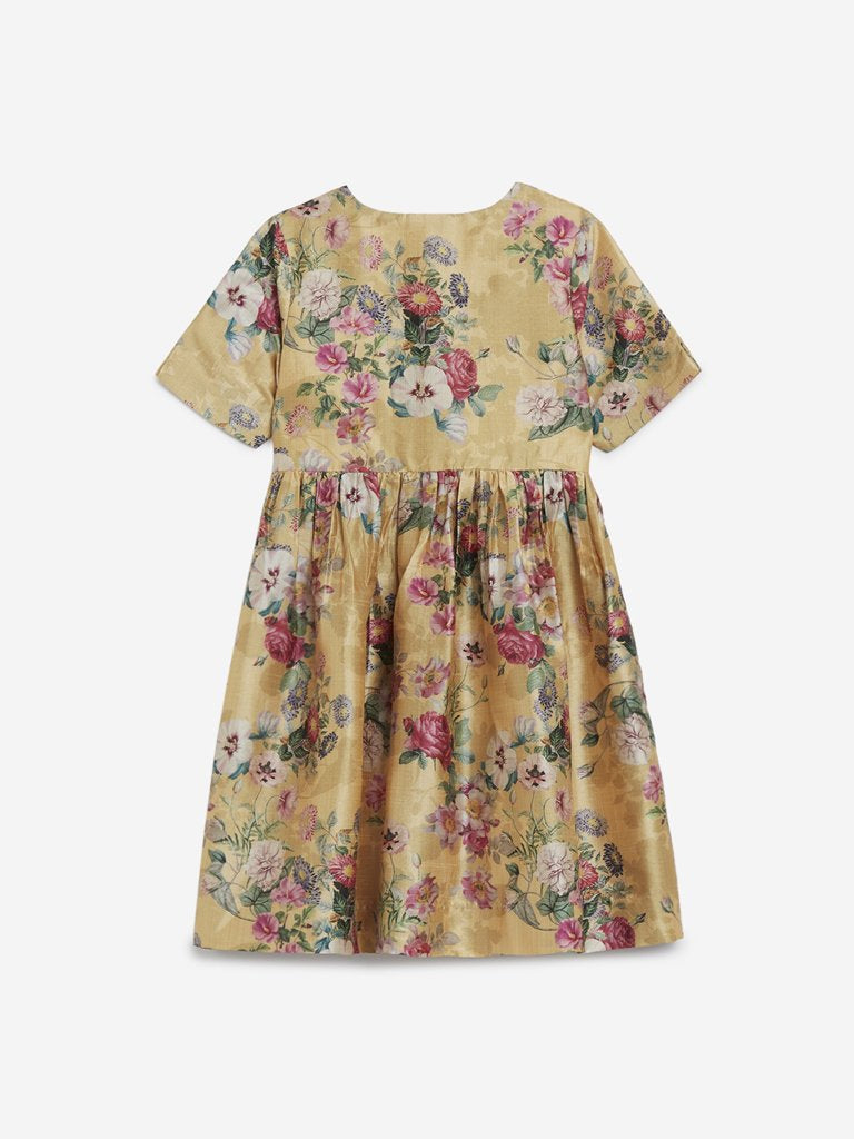 Utsa Kids Ochre Fit-And-Flare Floral Dress