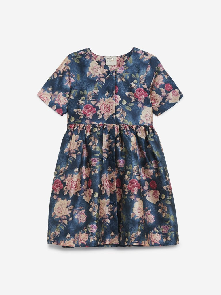 Utsa Kids Teal Fit-And-Flare Floral Dress