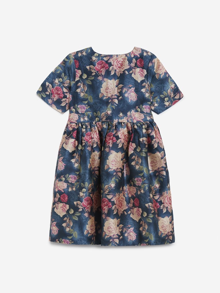 Utsa Kids Teal Fit-And-Flare Floral Dress