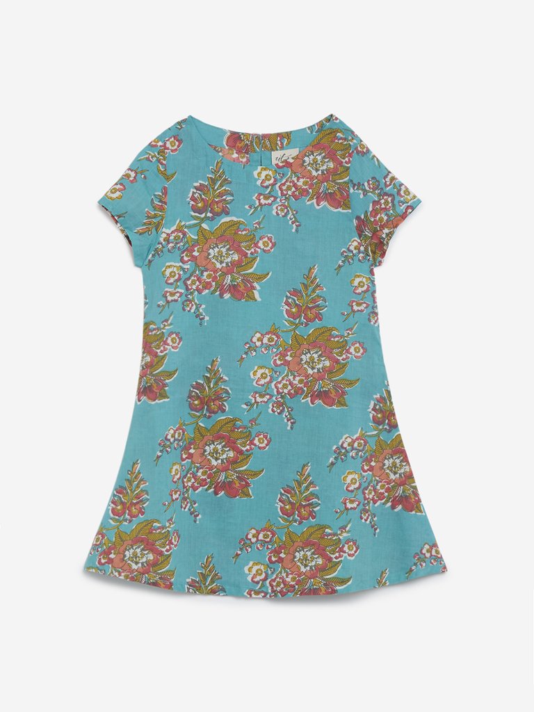 Utsa Kids Turquoise Bunch Flower Print Kurta