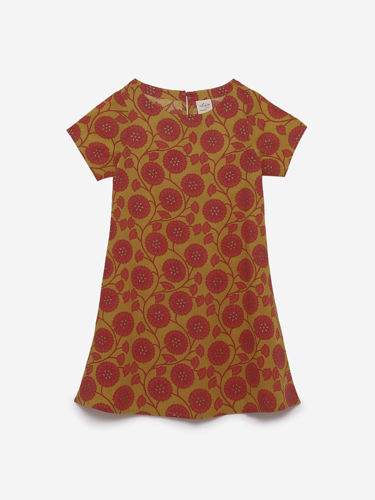 Utsa Kids Orange Floral Print A-line Kurta