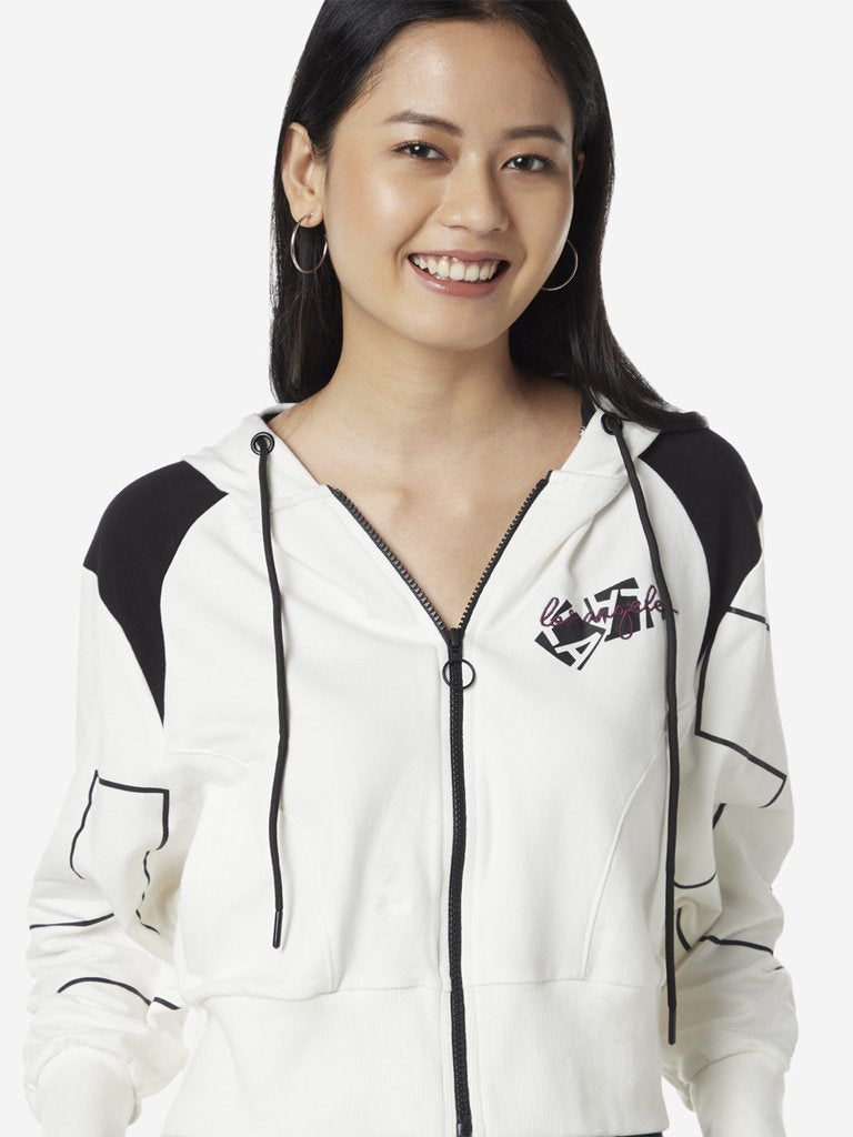 Studiofit White Text Print Hooded Crop Jacket