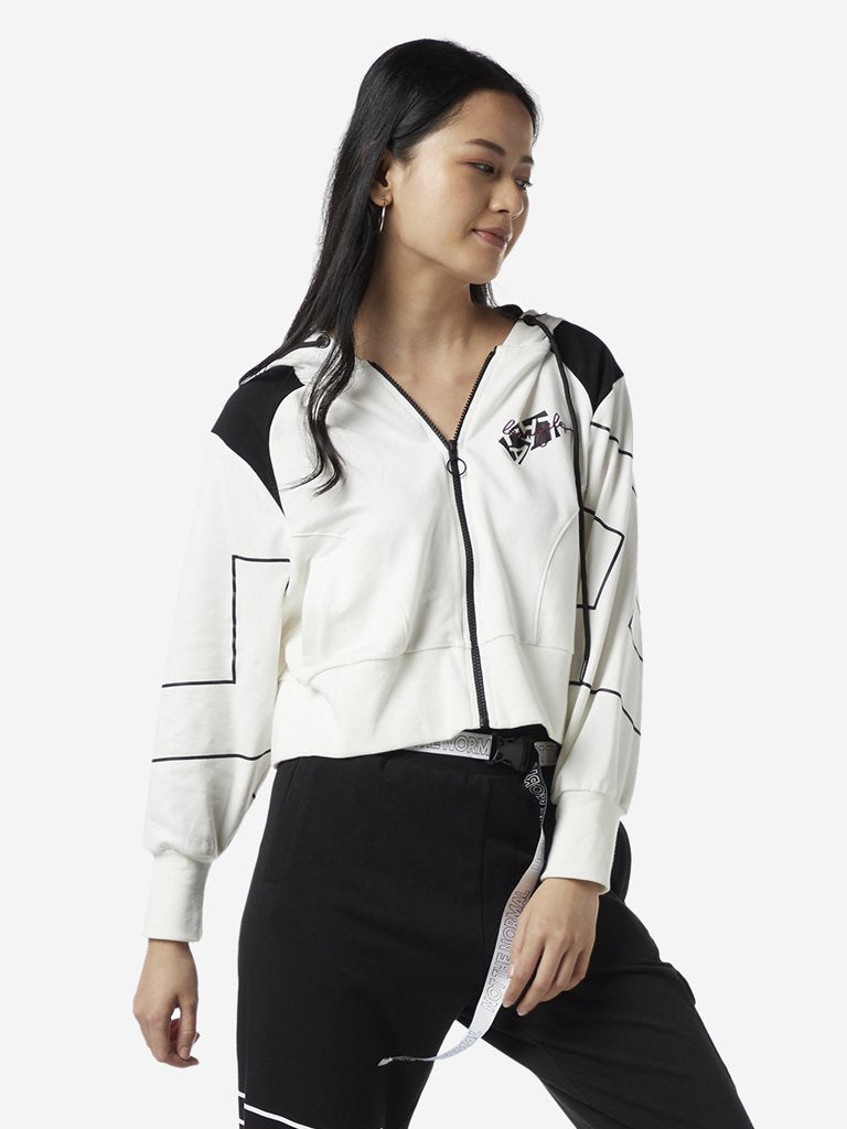 Studiofit White Text Print Hooded Crop Jacket
