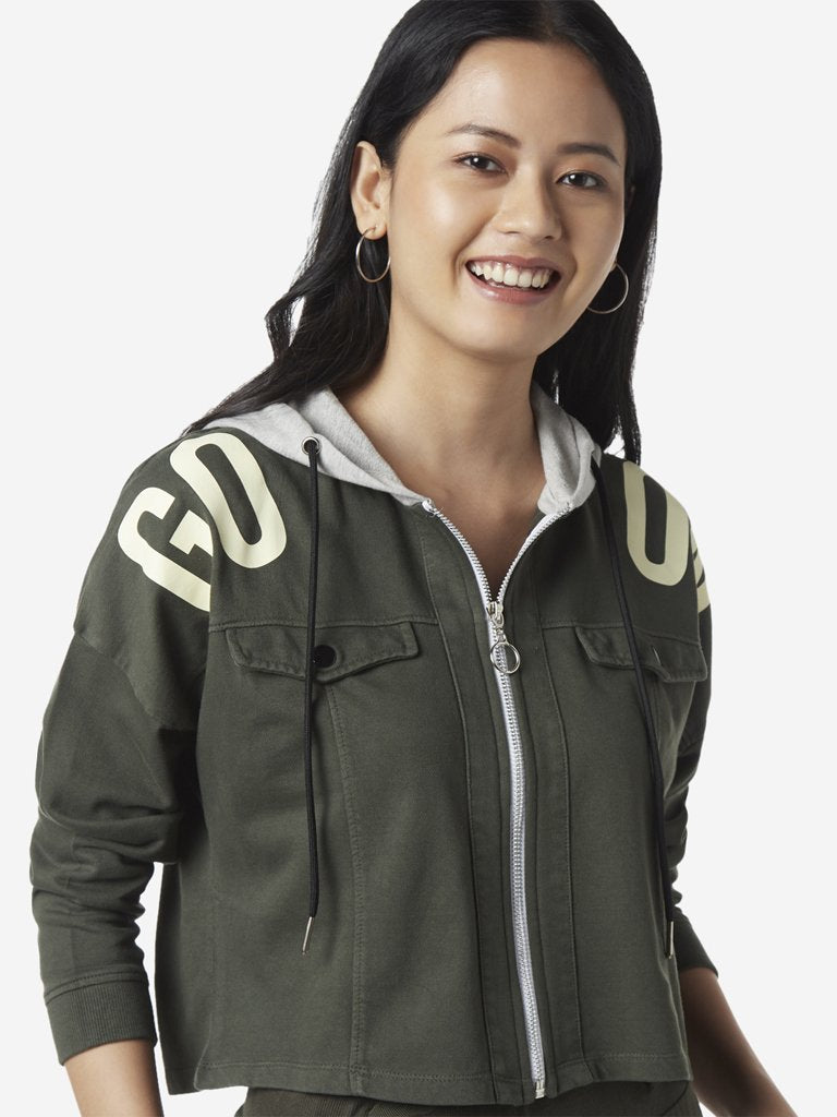 Studiofit Olive Text Print Hooded Crop Jacket