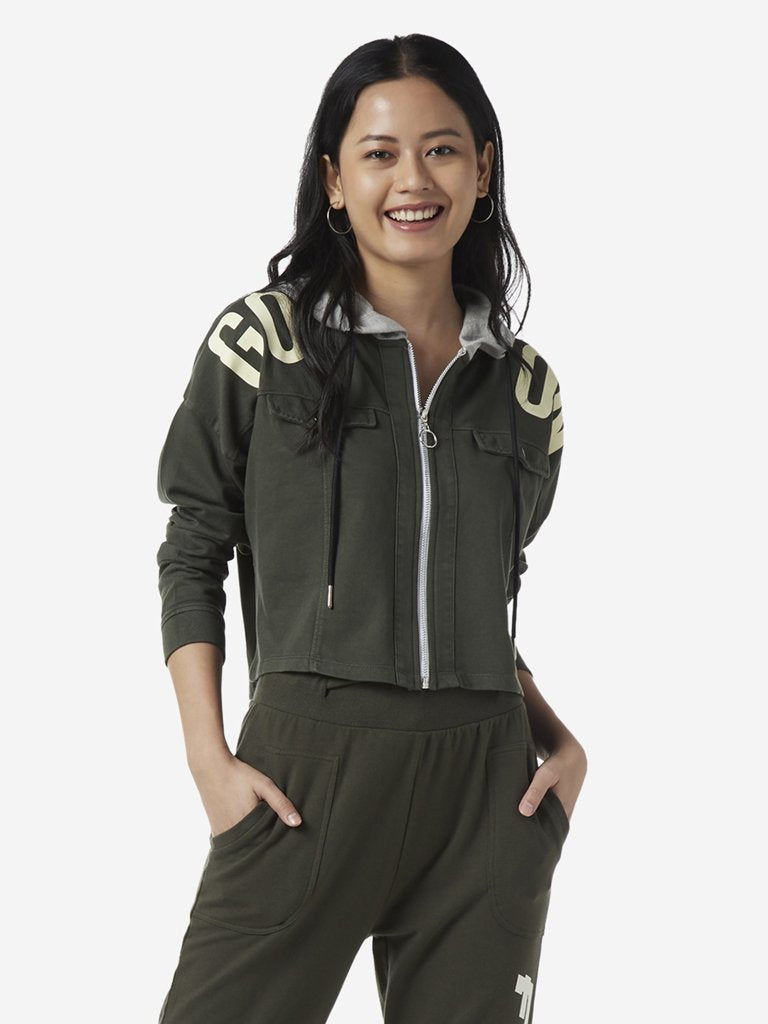 Studiofit Olive Text Print Hooded Crop Jacket