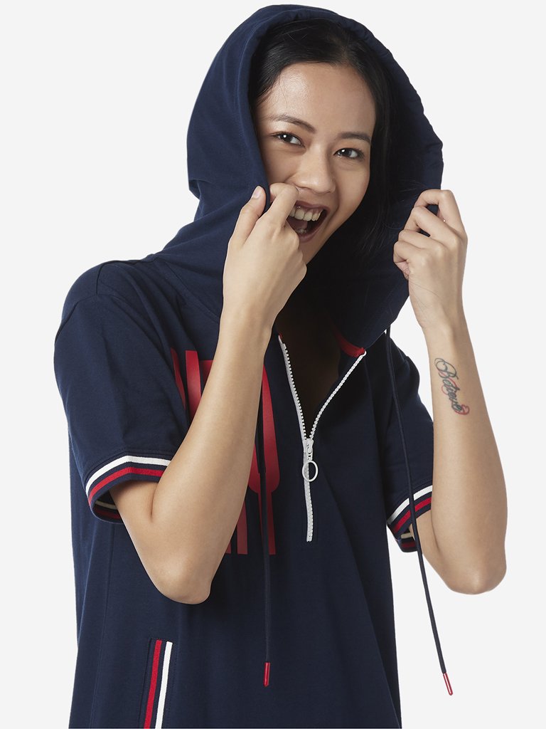 Studiofit Dark Blue Text Patterned Hooded Dress