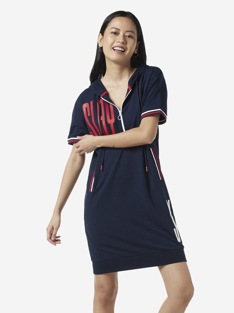 Studiofit Dark Blue Text Patterned Hooded Dress