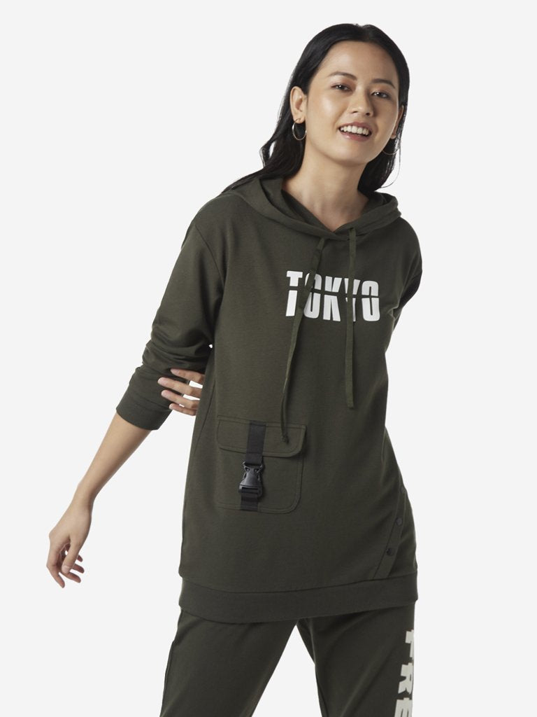 Studiofit Olive Text Print Hooded Sweatshirt