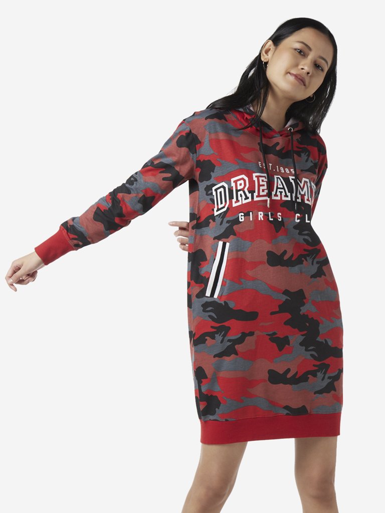 Studiofit Red Camouflage Print Hooded Dress