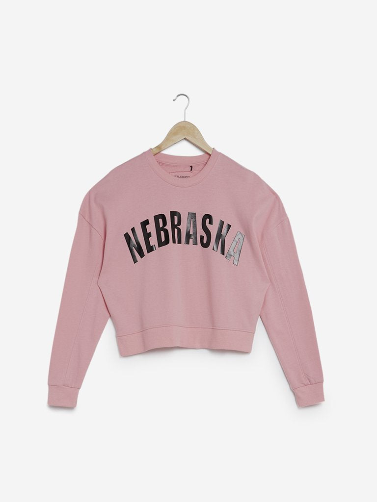 Studiofit Light Pink Printed Cropped Sweatshirt