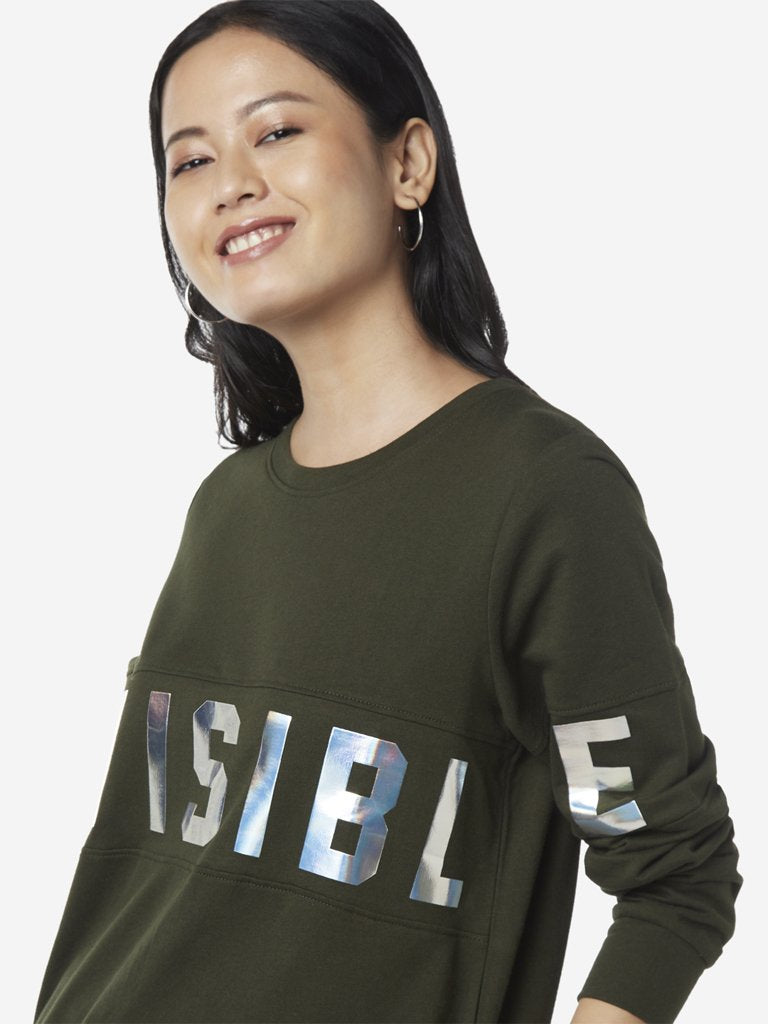 Studiofit Olive Text Printed Sweatshirt
