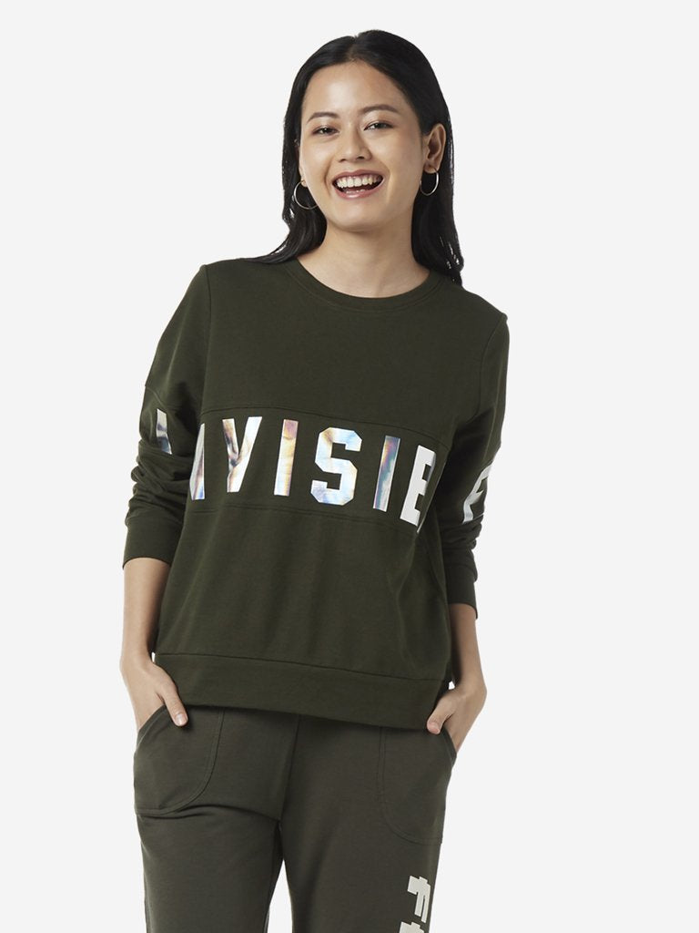 Studiofit Olive Text Printed Sweatshirt