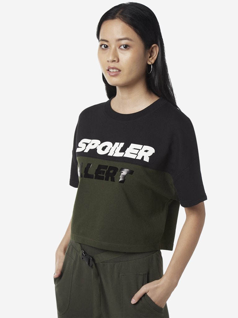Studiofit Olive Colour-Blocked Crop T-Shirt