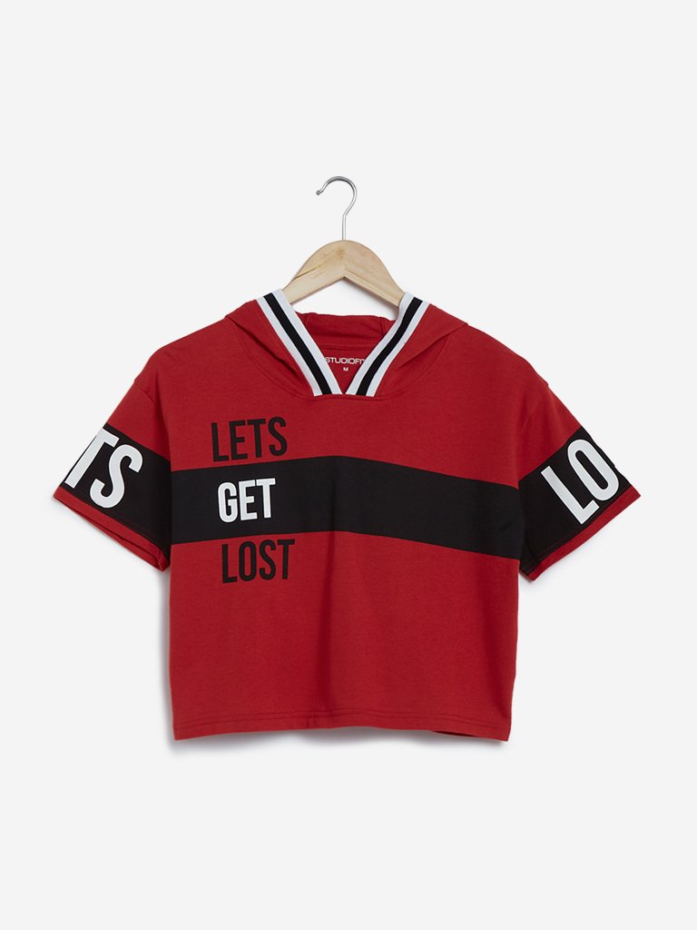 Studiofit Red Text Printed Hooded Crop T-Shirt