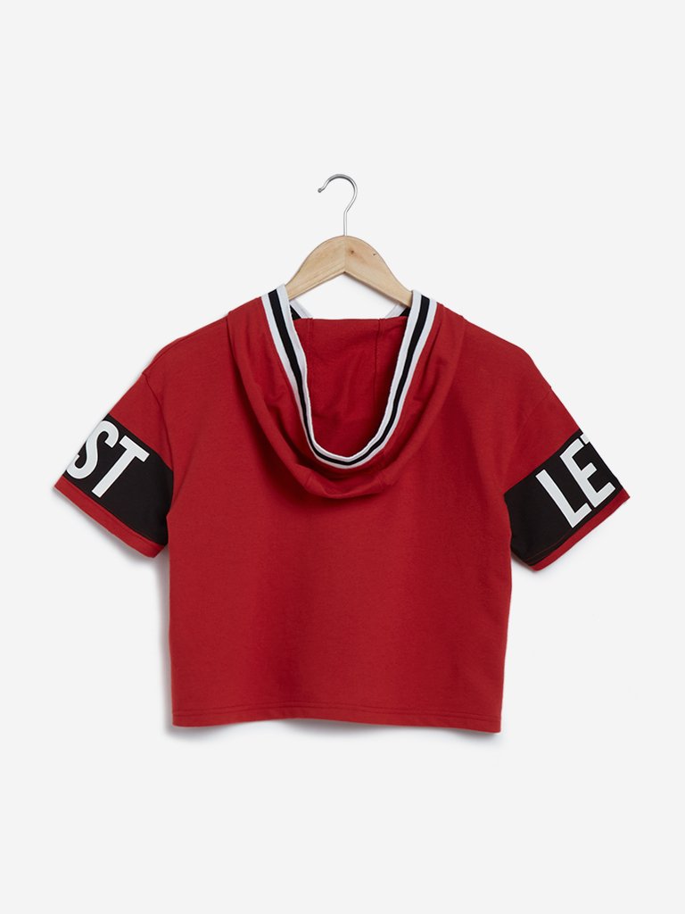 Studiofit Red Text Printed Hooded Crop T-Shirt