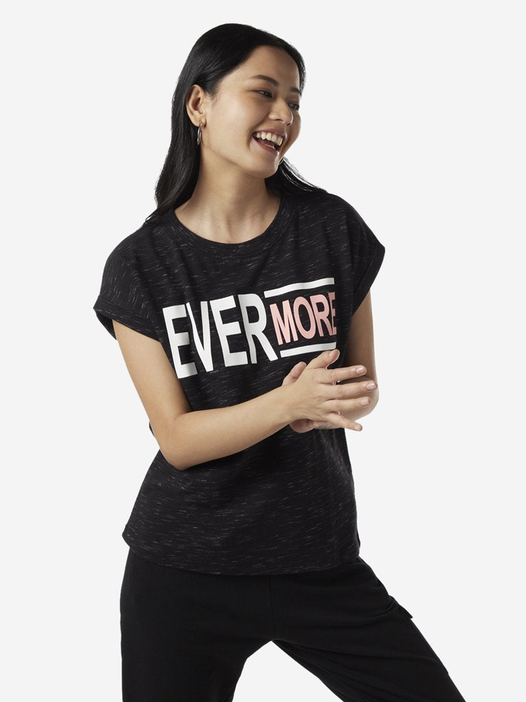 Studiofit Black Text Print T-Shirt