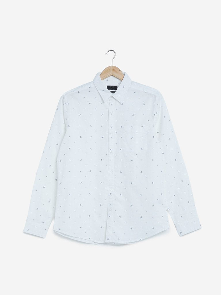 WES Casuals White Bird Print Slim Fit Shirt