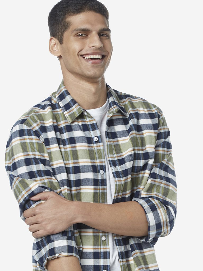 WES Casuals Olive Checkered Relaxed Fit Shirt