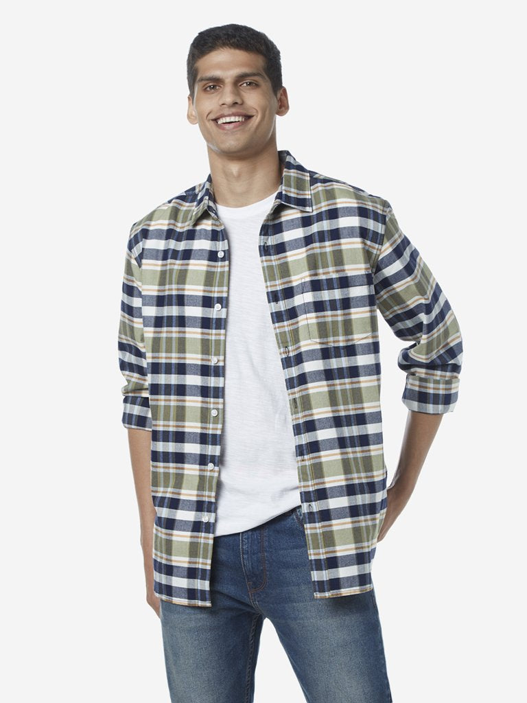 WES Casuals Olive Checkered Relaxed Fit Shirt