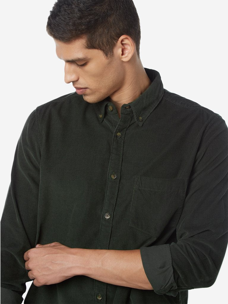 WES Casuals Olive Slim Fit Corduroy Shirt
