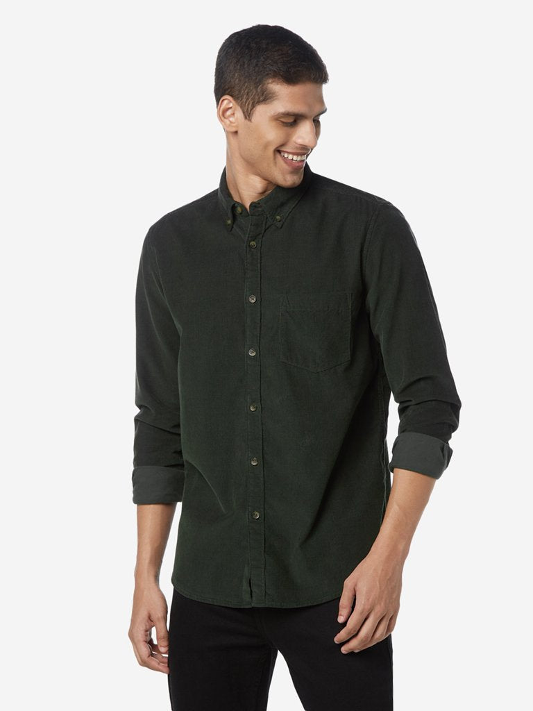 WES Casuals Olive Slim Fit Corduroy Shirt