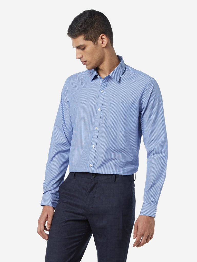 WES Formals Blue Striped Slim Fit Shirt