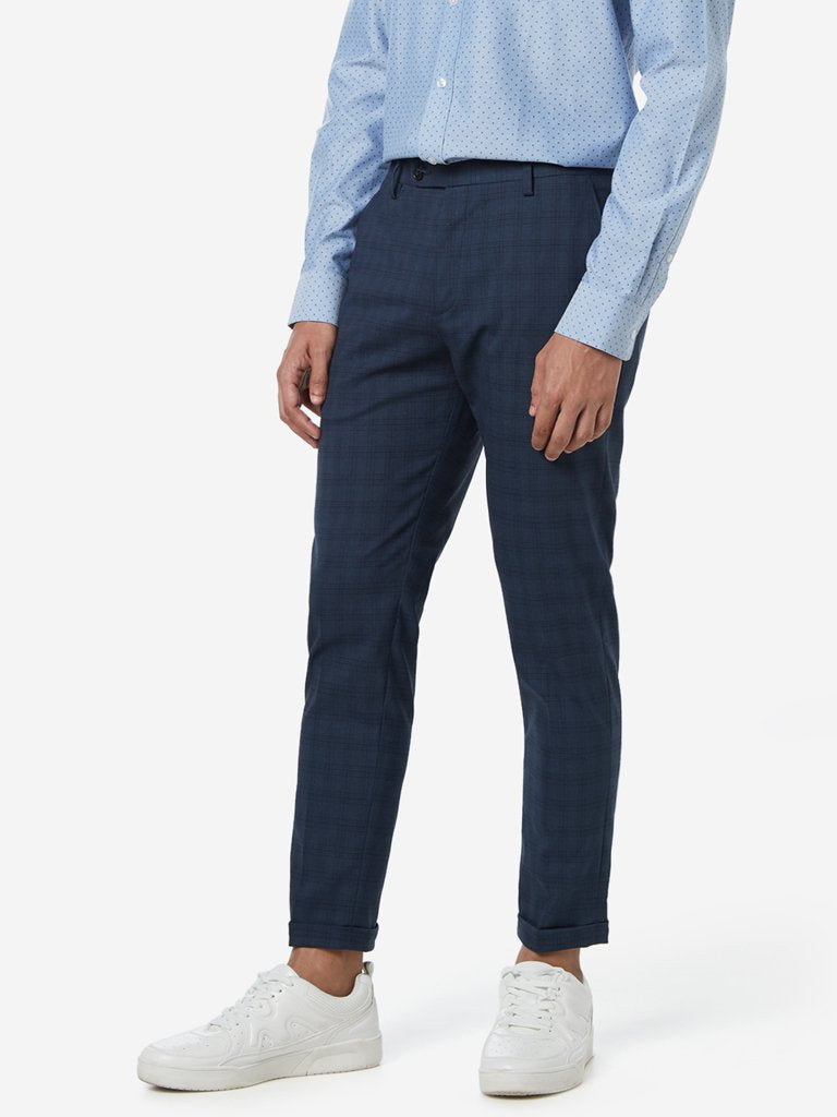 WES Formals Navy Carrot Fit Check Design Trousers