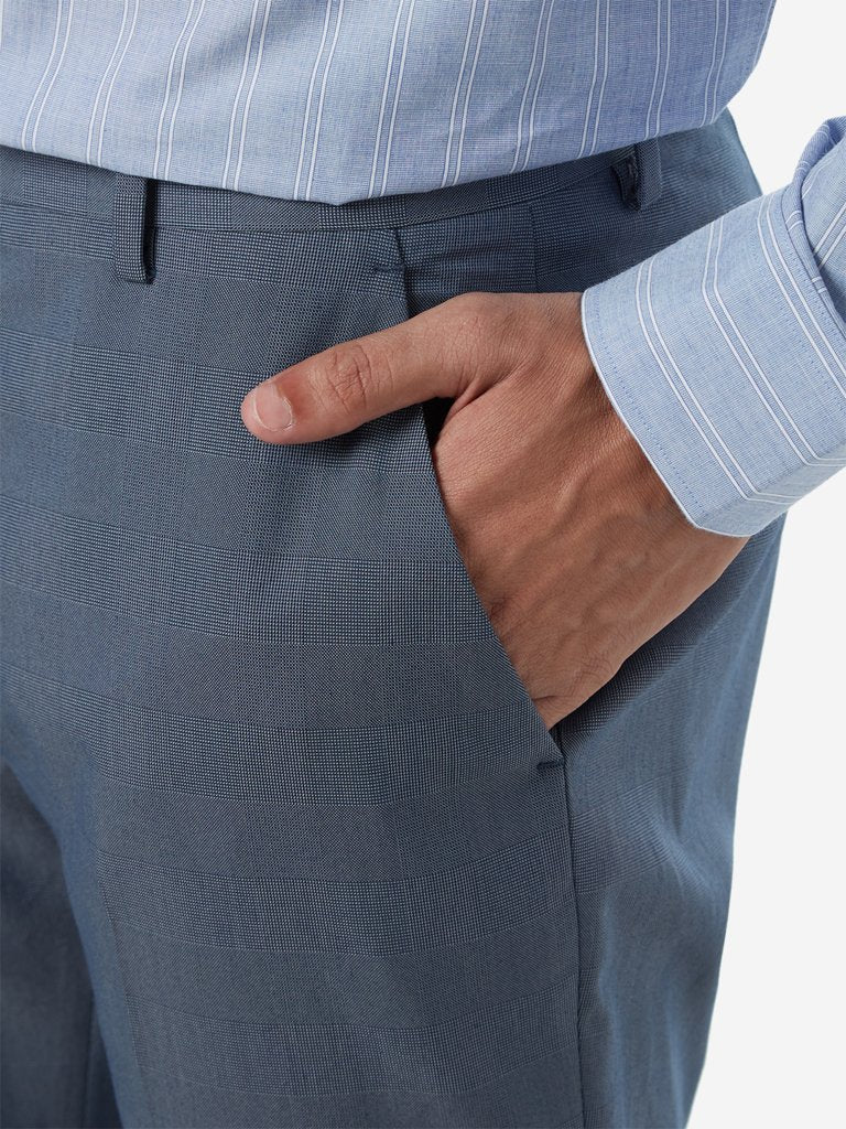 WES Formals Blue Ultra Slim Fit Checked Trousers