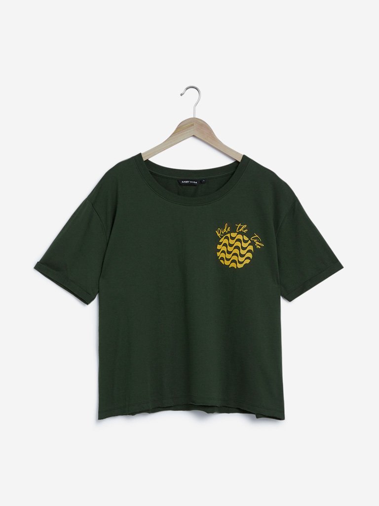 Sassy Soda Curves Olive Text Print T-Shirt