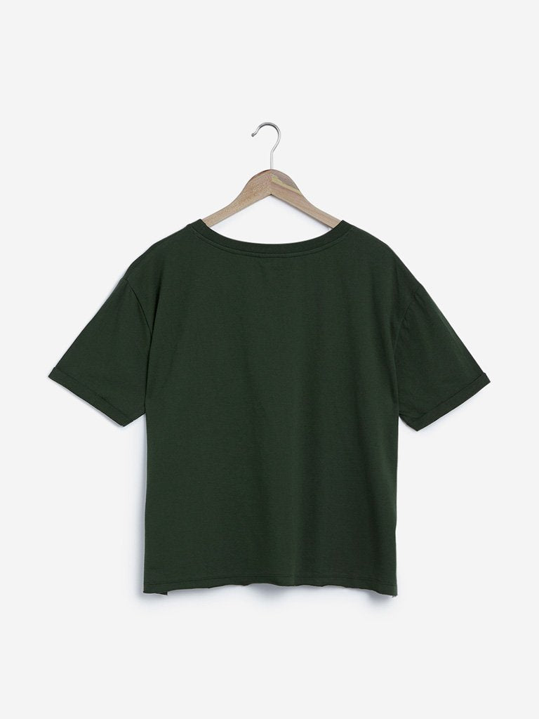 Sassy Soda Curves Olive Text Print T-Shirt