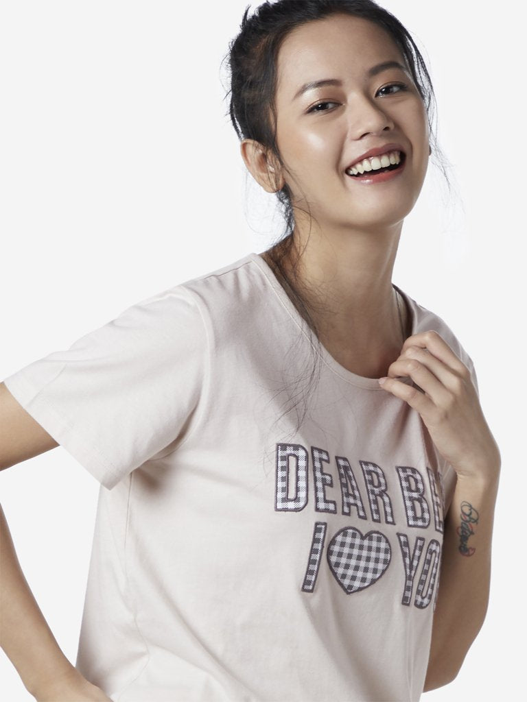 Wunderlove Beige Text Pattern T-Shirt