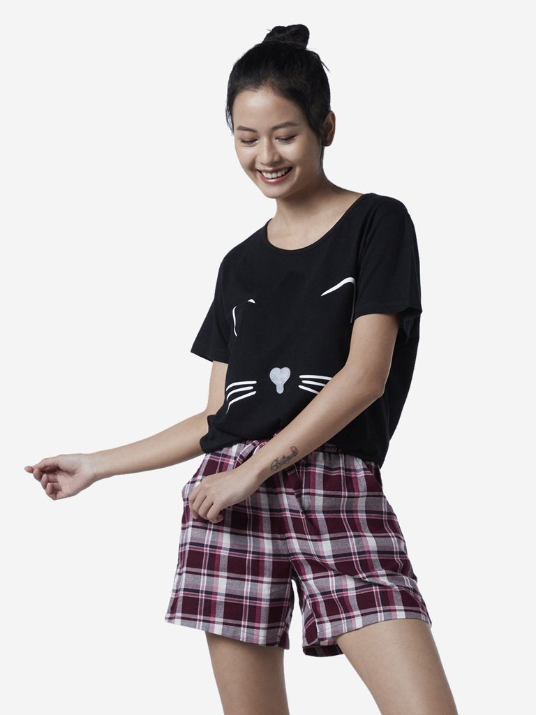 Wunderlove Black Cat Printed T-Shirt