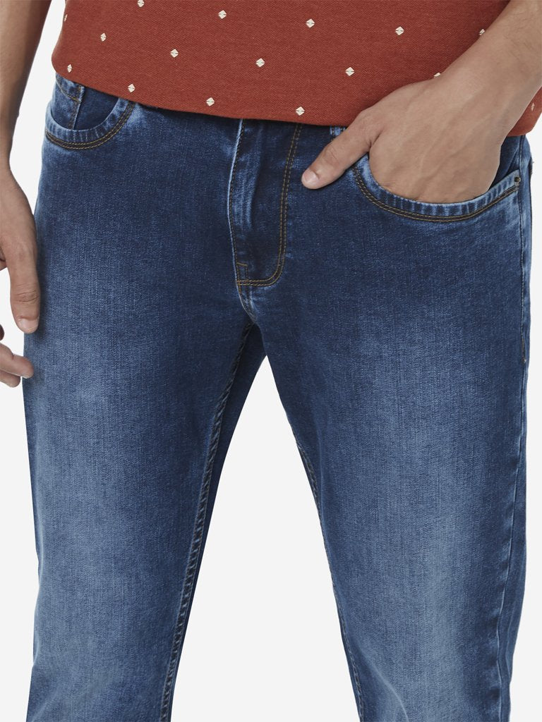 WES Casuals Blue Relaxed Fit Faded Jeans