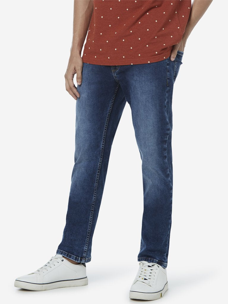 WES Casuals Blue Relaxed Fit Faded Jeans