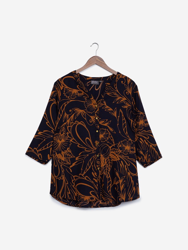 Gia Curves Tan Floral Pattern Blouse
