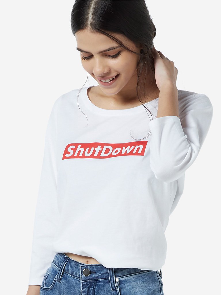 LOV White Text Design Crop T-Shirt