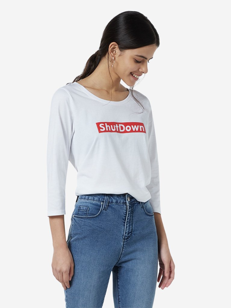 LOV White Text Design Crop T-Shirt
