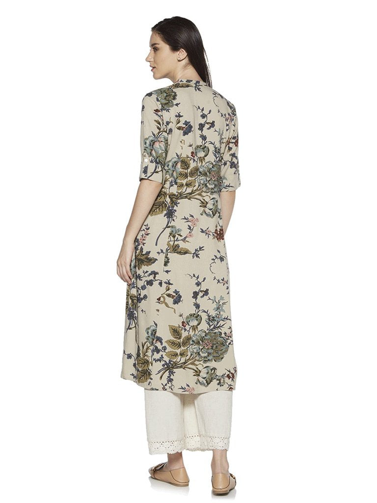 Utsa Light Taupe Floral Print A-line Kurta