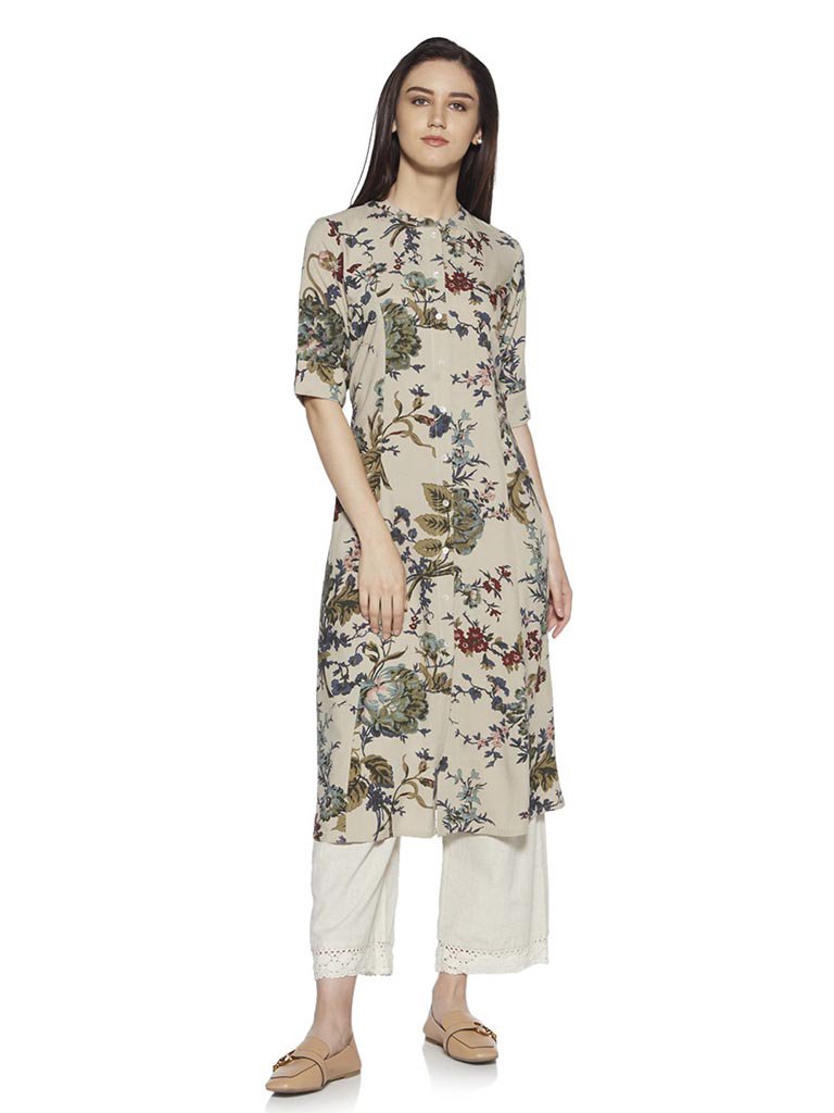 Utsa Light Taupe Floral Print A-line Kurta